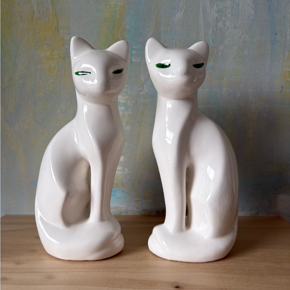 Vintage White Cat Figurines with Green Eyes